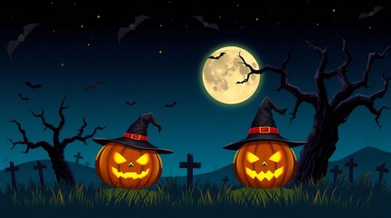 Fototapeta premium Spooky halloween night with carved pumpkins and full moon