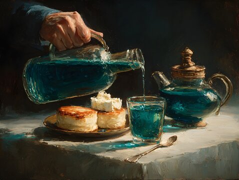 Rich artistic painting shows a hand pou bright blue liquid into a glass beside cakes and teapot on table.