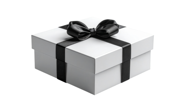 Elegant white gift box with black ribbon and bow, presented against a striking black backdrop.