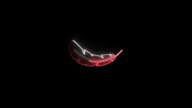 Glowing Neon line feathers icon animation. Chicken feather concept on black background