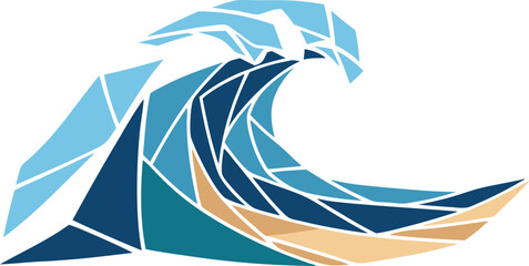 Illustration of a blue ocean wave shown in a dynamic mosaic geometric style with layered shapes, suitable for water, surf, and marine themes