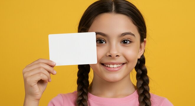 A young girl with braided hair smiles while holding up a blank white card against a vibrant yellow background, inviting customization.