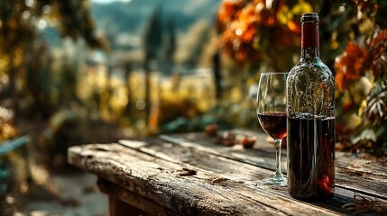 Red wine bottle with glass standing on rustic wooden table, vineyard background softly blurred, moody elegant lighting for luxury lifestyle, gourmet dining and branding concepts