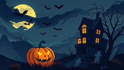 Fototapeta premium Spooky halloween night with haunted house glowing pumpkin and bats flying