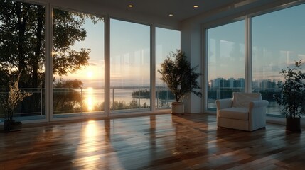 Sunlit Modern Interior with Panoramic Views Warm Wood Flooring and Elegant Armchair Near Large Windows Overlooking Scenic Skyline and Water