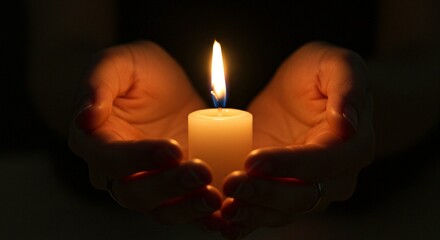 Warm glow envelops a candle held between two hands, casting a soft light in the darkness. Hope flickers in the comforting embrace.
