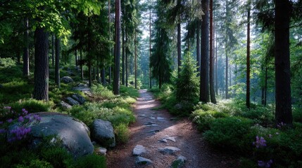 Obraz premium Sunlit Path Through Dense Green Forest with Tall Trees and Rock Outcrops Under Atmospheric Lighting Conditions in Natural Scenic View