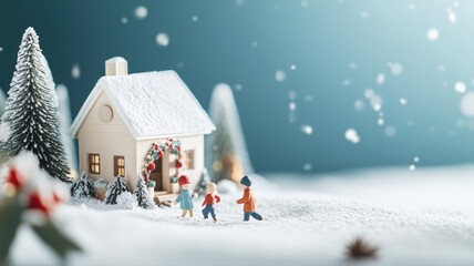 Whimsical miniature winter village scene with three joyful children playing in snowy wonderland perfect for holiday season and festive celebrations