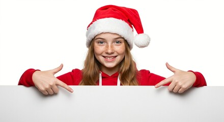 A cheerful young girl in a Santa hat smiles, pointing down with both hands towards a blank white board with a red sweatshirt.