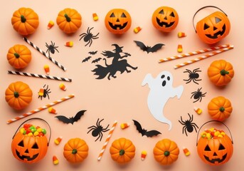 Halloween flat lay with pumpkins, spiders, bats, ghost, witch, candy corn, and straws on a peach background, creating a festive holiday scene