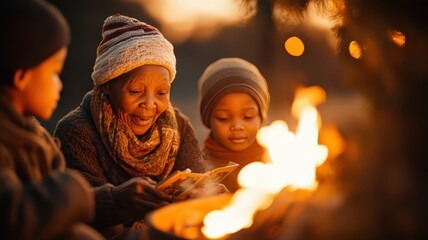 African generations share warm storytelling moments around campfire, fostering deep family connection and joyful cultural bonding. Heartwarming scene of togetherness and heritage.