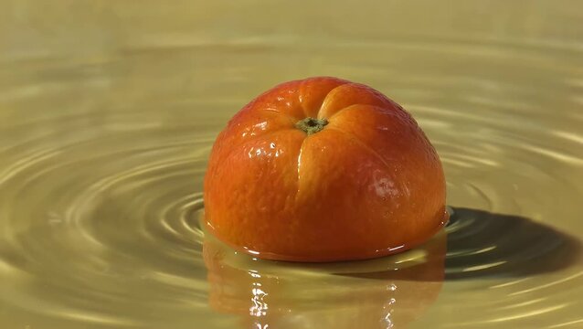 Extreme Close Up View of Citrus Fruit Positioned Above Water Against Monochromatic Yellow Backdrop