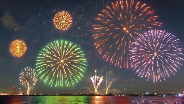 Dynamic Burst of Multicolored Pyrotechnic Explosions Illuminating the Night Sky During Celebration
