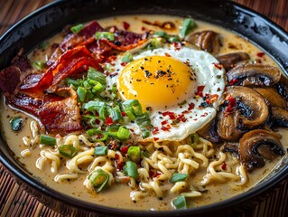A delicious bowl of ramen topped with a fried egg, bacon, mushrooms, and scallions is ready to be eaten.
