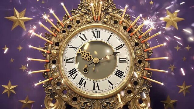 conceptual photographic representation depicting antique timepiece signaling the midnight hour with illuminated sparkler effects, embodying the celebration and commencement of new annual cycle on vio