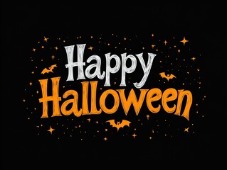 "Happy Halloween" lettering logo in hand-drawn doodle style, featuring flat vector colors and simple shapes on black background, ideal for festive designs and promotions.