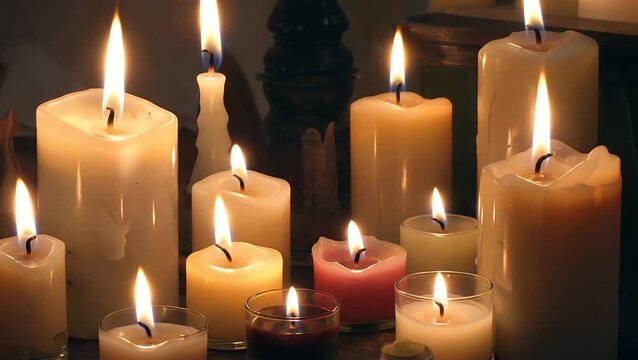 Multiple illuminated wax cylinders emitting light with focused photographic technique creating soft background blur
