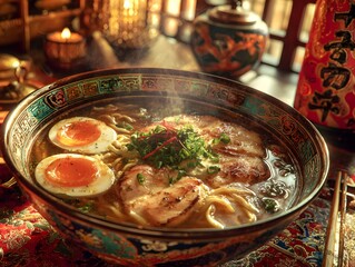 A steaming bowl of ramen with pork, egg, and greens sits on a decorated surface in soft warm light.