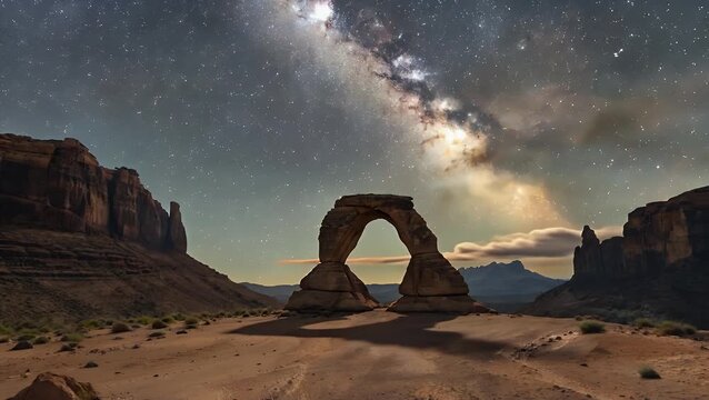 Natural Stone Arch Formation Under Brilliant Starry Night Sky Illuminated by the Galactic Core