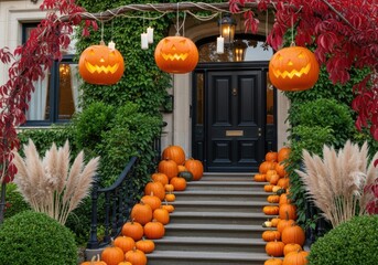 Festive halloween pumpkins and autumn foliage decorate a house entrance with stairs, creating a spooky and welcoming atmosphere for the holiday