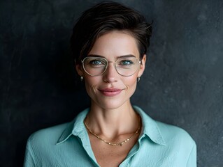 An attractive woman with short dark hair smiles confidently while wea glasses and a light blue shirt.
