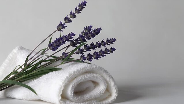Bleached hygienic cloths and aromatic purple blossoms arranged on light-colored setting