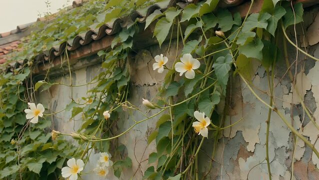 Climbing or creeping plants adhering to the exterior surface of aged and weathered structural edifice