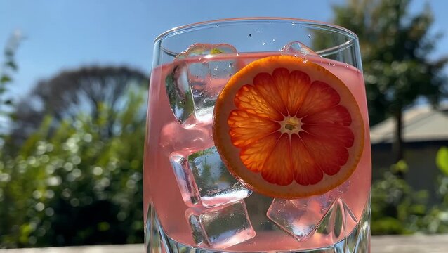 Alcoholic Beverage Served in Glass Featuring Pink Gin Combined with Red Blood Orange and Ice Cubes on Sunny Day with Hard Light Reflections