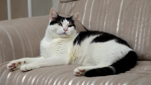Amusing feline companion in state of repose on cushioned couch contemplating existence