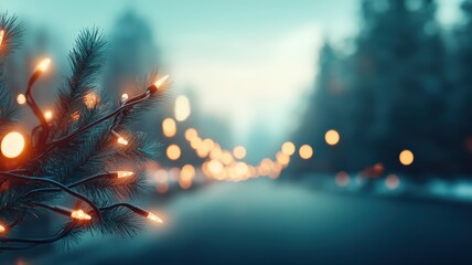 Glowing christmas lights entwined in evergreen branch, creating festive and warm holiday ambiance with shimmering bokeh in tranquil winter night background