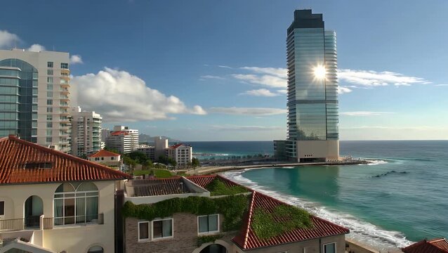Panoramic Vista of Metropolitan Area Adjacent to Large Body of Water Displaying Contemporary Building Designs