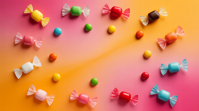 Colorful wrapped candies and round sweets arranged on a gradient background