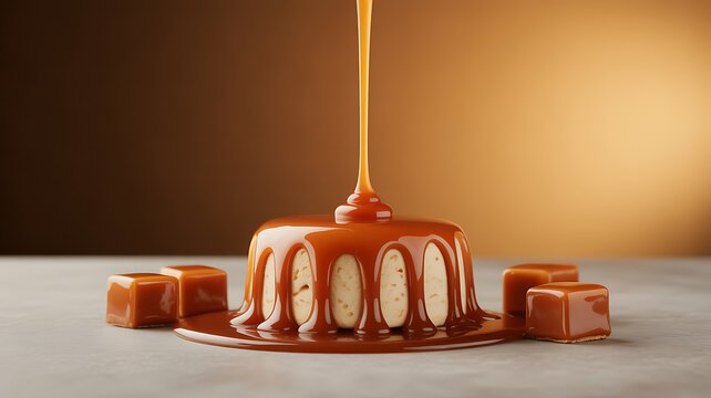 Caramel sauce being poured over a caramel dessert with cubes on the side