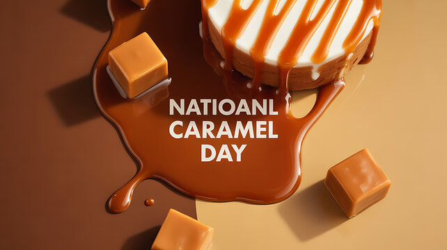National Caramel Day celebration with caramel drizzle, cake, and candy cubes on a warm-toned surface