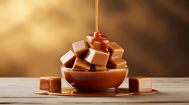 Caramel sauce drizzling over caramel cubes in a bowl on a wooden surface