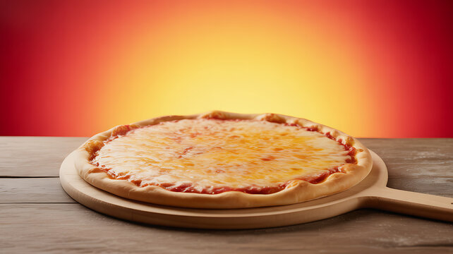 Freshly baked cheese pizza on a wooden serving board with a warm gradient background