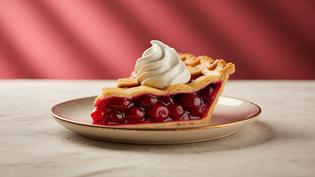 A slice of cherry pie with whipped cream on a plate against a red background