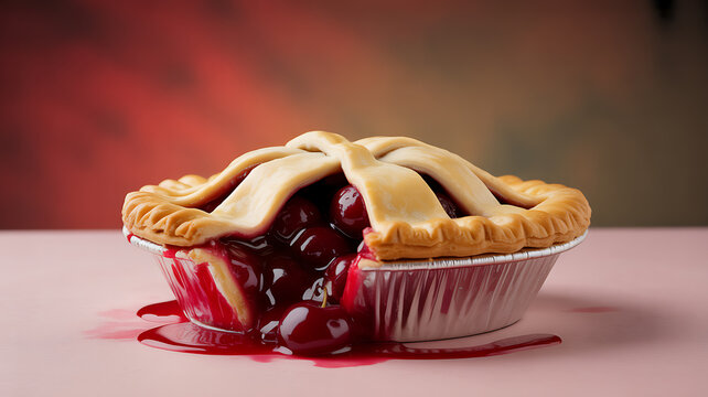 A cherry pie with a golden lattice crust overflowing with red filling onto a pink surface