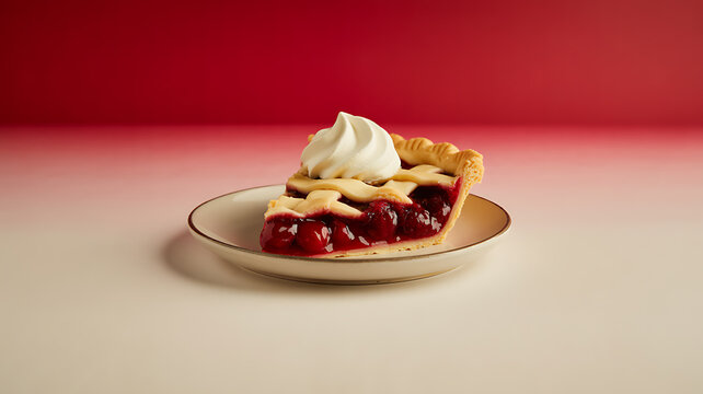 A slice of cherry pie with whipped cream on a plate against a red background