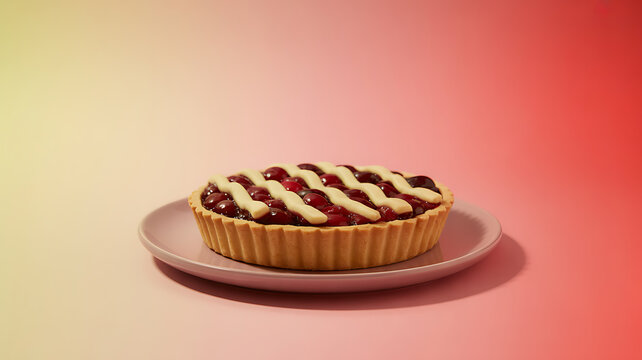 A cherry tart with white icing lattice on a plate against a gradient background