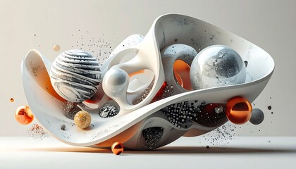 A dynamic composition of flowing forms and spheres in various colors, set against a neutral backdrop.