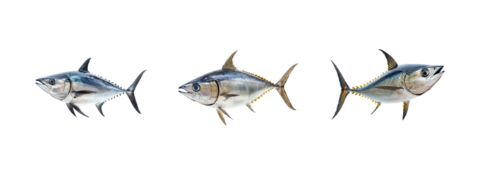Collection of Tuna navigating Swims through different water depths, adjusting body position. full length isolate on transparent background
