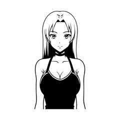 Black and white hot anime character line art illustration, stylish minimal outline drawing in clean style