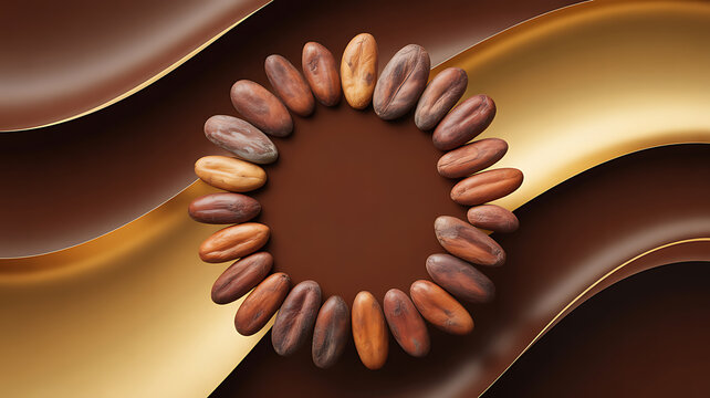 Cocoa beans arranged in a circular pattern on a flowing chocolate and gold background