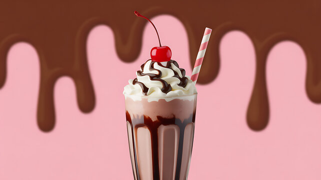 A chocolate milkshake topped with whipped cream, chocolate syrup, and a cherry, served with a striped straw against a pink background with chocolate drips.