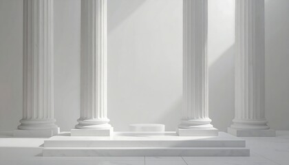 Obraz premium Sunlit minimalist rendering of three classical columns flanking a raised platform