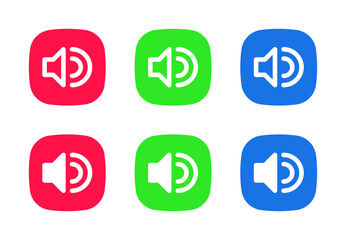 A vibrant pack of stylized audio icons, featuring volume controls in red, green, and blue square button designs