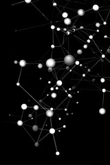 Abstract grayscale network of interconnected nodes and thin lines against a black backdrop, suggesting connectivity and complexity
