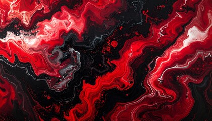 Bold Red and Black Fluid Ink Marbling Wallpaper with Dramatic Swirls and High-Contrast Abstract Gradients