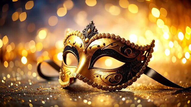 Elegant golden venetian mask against a blurred sparkling background bokeh